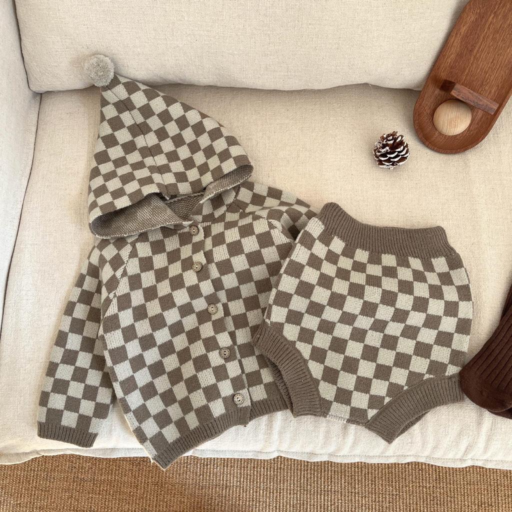 Корейский весенний вязаный свитер с капюшоном и ромпер для малышей - Унисекс, комплект из двух предметов