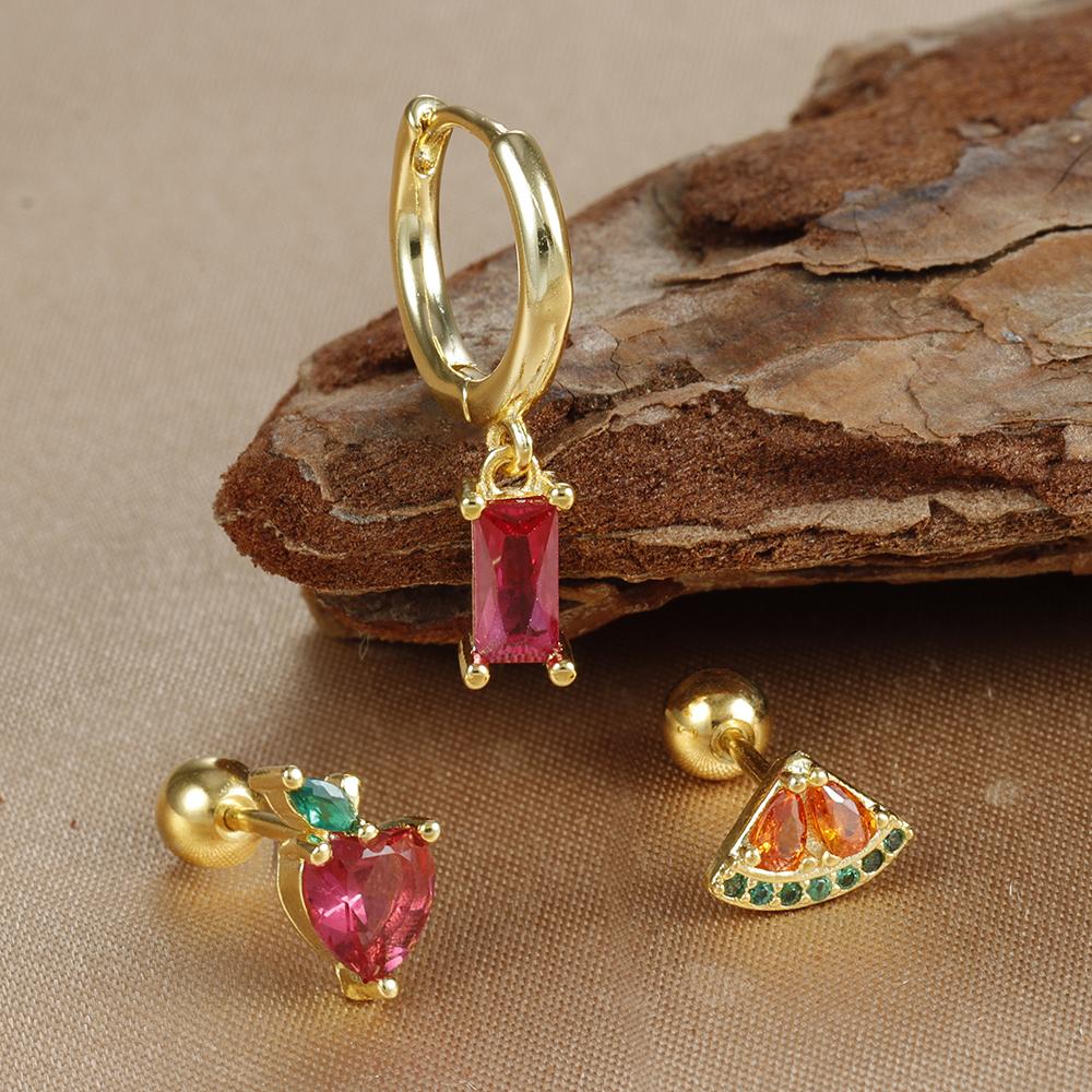 3PCS Stainless Steel Square Huggie Dangle Earring Sets For Women Luxury Cute Fruits Helix Tragus Piercing Earring Party Jewelry