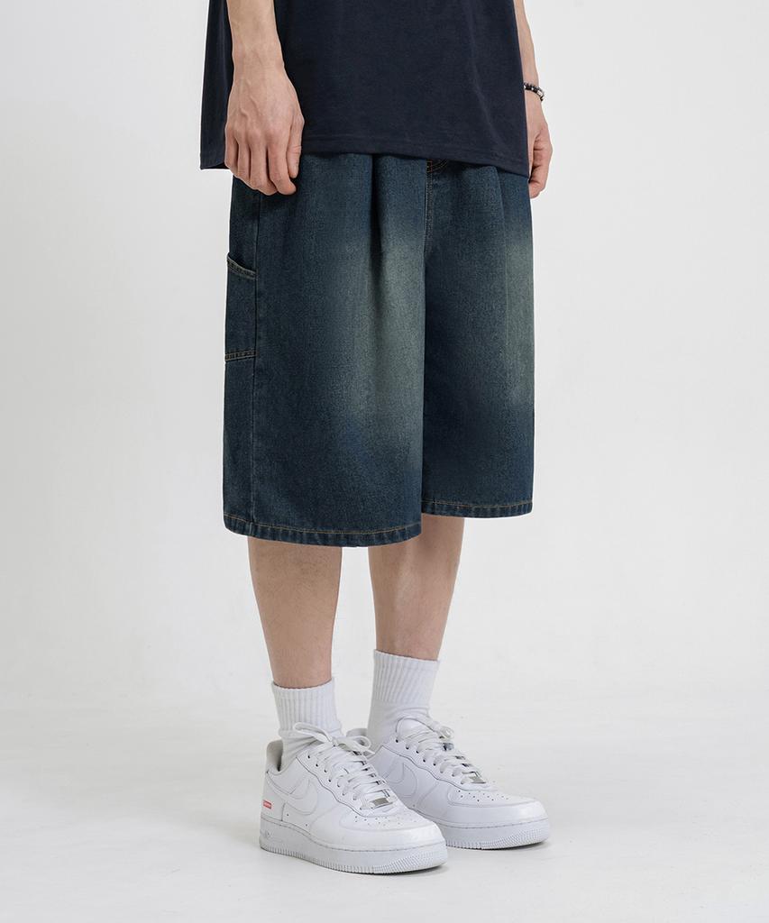 LEMAIN SECOND Bermuda Wide One-Pleat Carpenter Washed Denim Banding Shorts [Yellow Wash]