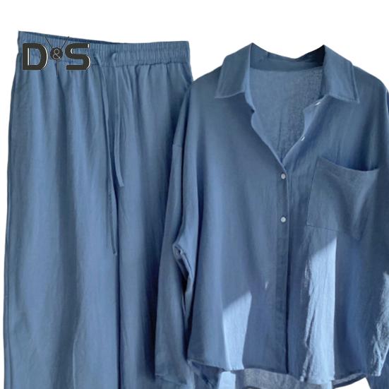 Женский комплект из двух предметов: рубашка с длинным рукавом и застегнутая на пуговицы рубашка с широкими брюками повседневный хлопковый домашний костюм на весну и лето