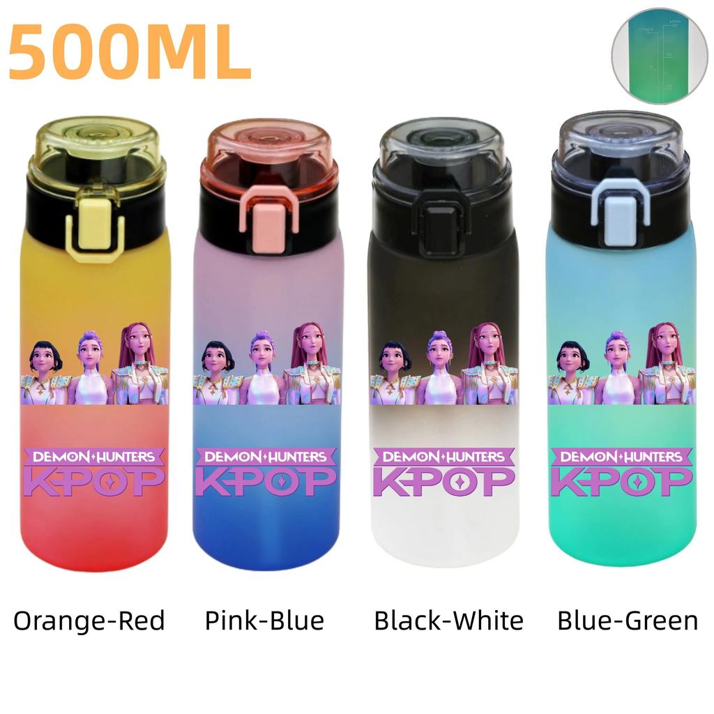 500ML KPop Demon Hunters Plastic Anime Water Cup Has Scale Travel Office Gym Hiking Portable Drink Bottles Outdoor Sport Gifts