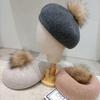 Women's 2023 Winter Wool Beret with Raccoon Fur Pom Pom