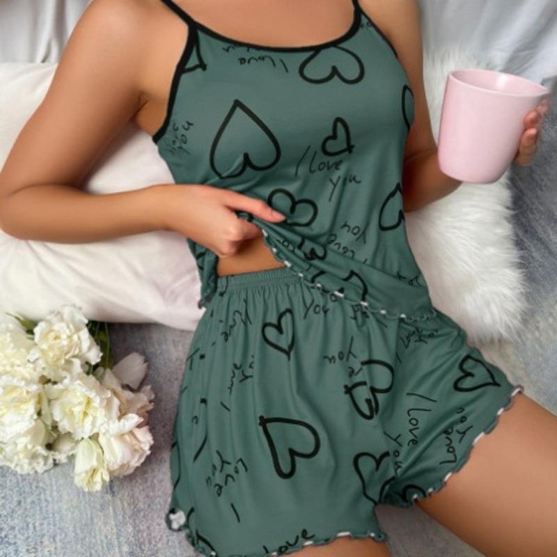 Night Wear Women Sexy Heart Print Contrasting Pajama Set Student Suspender Loungewear Sleeveless Top Shorts Fancy Sleepwear