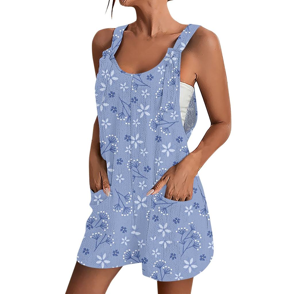 Женский весенне-летний принт, повседневный свободный комбинезон без рукавов с карманами и регулируемым ремнем