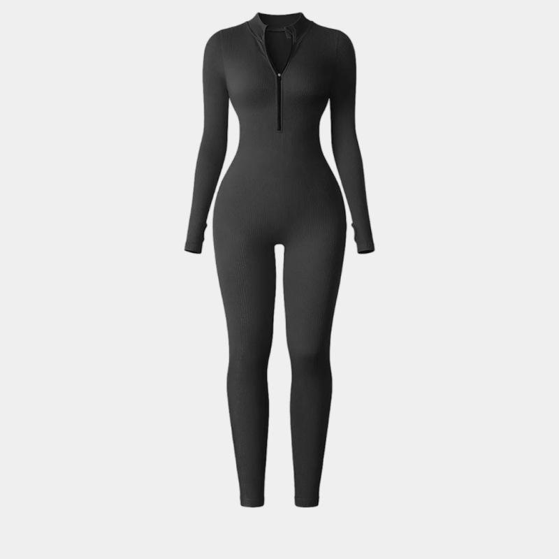 European-Style One-Piece Sport Jumpsuit for Women with Zipper, Stand Collar, Long Sleeves, Thumb Holes, Hip Lifting, and Tummy Control