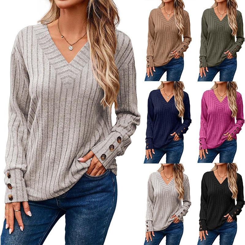 Autumn Winter Women's Long Sleeve V-neck Shirt Solid Color Button T-shirt