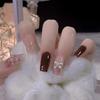 24 Pcs Dark Coffee Jumping Color Small Fragrant Style Manicure Gold Edge Bow Diamond Wearing Nail Gentle White Ins Wind Short Ballet