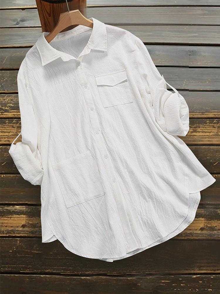 2025 Women's Solid Color Long Sleeve Button-Down Loose T-Shirt - European and American Style, Oversized Fit.