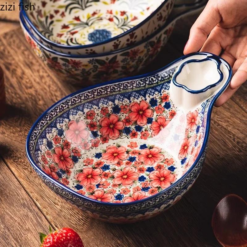Винтажная цветочная керамическая тарелка, тарелка для пельменей с уксусом, овощная салатница, фруктовая чаша, тарелка для закусок, керамическая посуда