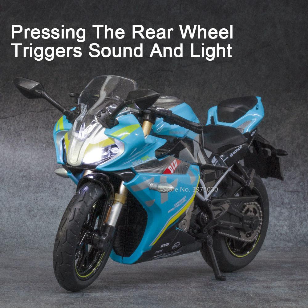 1/12 Spring Breeze 250SR Simulation Alloy Diecast Motorcycle Model Shock Absorbers Sound and Light Collection Toy for Kids Gifts
