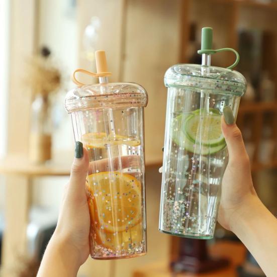 Герметичная чашка для холодного кофе, многоразовая прямая пипеточная чашка со встроенными соломинками, двухстенный изолированный стакан для холодного кофе, мультяшная чашка для питья