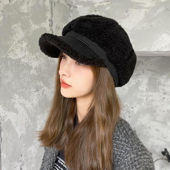 Winter Octagonal Cap Thick Plush Short Brim Contrast Color Keep Warm Peaked Cap Literary Retro Style Headwear for Work Travel Daily Wear