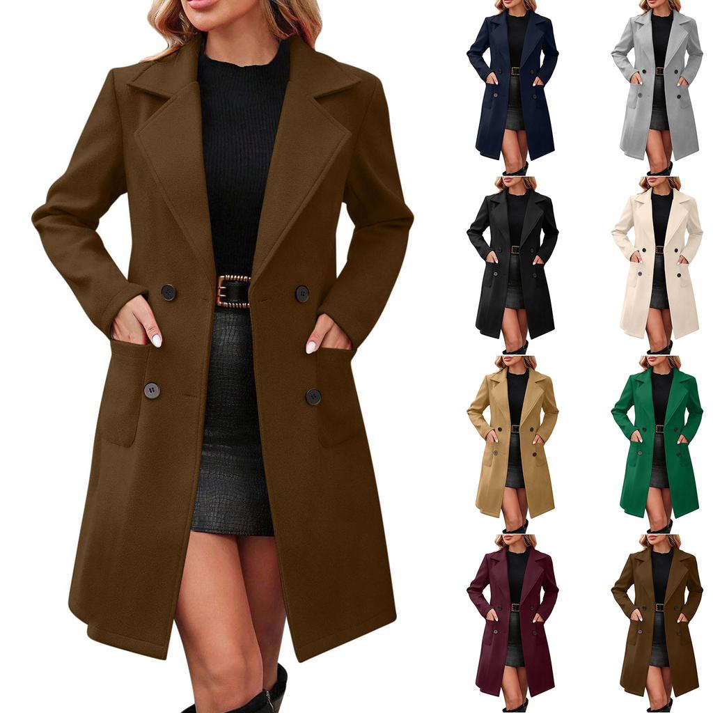 Women's Casual And Fashion Jacket Solid Color Lapel Double Button With Pockets Coat