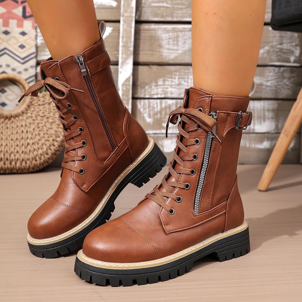New Women's Fashion Boots for Autumn and Winter with Front Lacing Solid Color Low-heeled Mid-leg Boots Plus Size