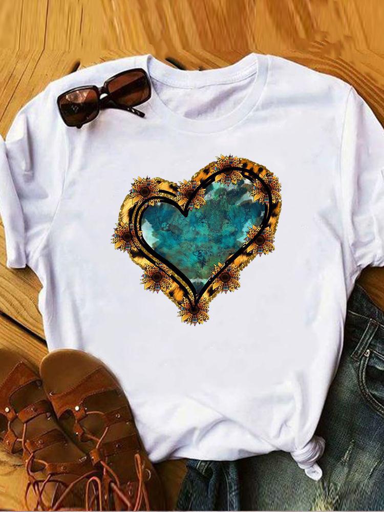 Leopard Sunflower Turquoise Heart Print T Shirt Women Western Retro Graphic Short Sleeve Country Casual Summer Tee
