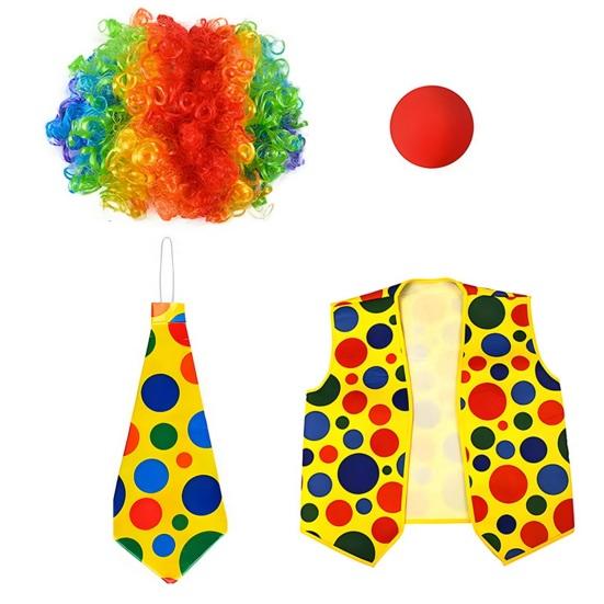 Halloween Clown Cosplay Costume Kit Wig Red Nose Gloves Vest Tie Shoe Men Women Adults Party Stage Performance Clown Dress-up Prop Clothes Accessories
