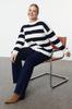 Women's Fashion Stylish Plus Size Sweater Ecru Navy Blue Striped Destroy Detailed Knitwear Sweater