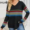 Женский осенне-зимний трикотаж, полосатый радужный пуловер, свитер с V-образным вырезом