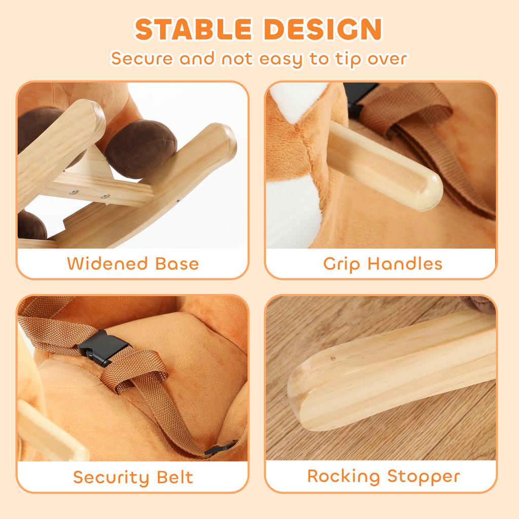 Rocking Horse, Ride on Horse Deer Design with Sounds, Security Belt, Rocking Stopper, for Toddlers 1-3 Years, Brown