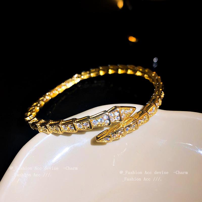 Snake-Shaped Geometric Zircon Open-Ended Bracelet Affordable Luxury Fashion High-Grade Bracelet Niche Temperament All-Match Jewelry Women