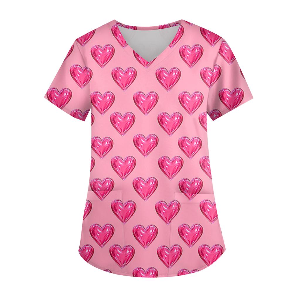 Женская модная футболка с V-образным вырезом, карманом и короткими рукавами с принтом ко Дню святого Валентина, униформа и топ для воспитателя