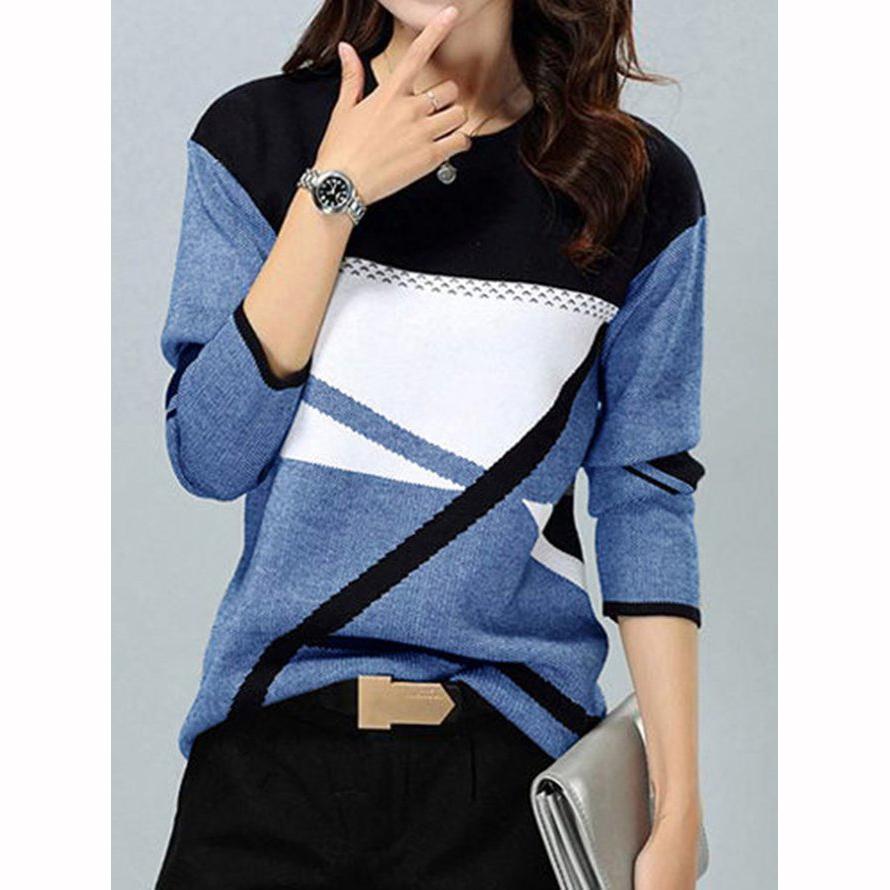 Women Winter Blouses T Shirt Geometric Contrast Long Full Sleeve Print Loose Women Shirts Spring Autumn Elegant