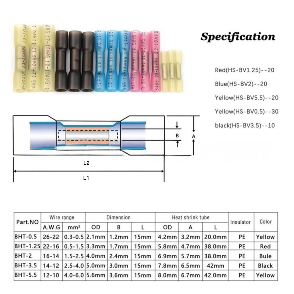 Heat Shrink Butt Wire Connectors AWG 26-10 0.3-6.0mm2 Waterproof Insulated Automobile Wire Cable Crimp Terminals