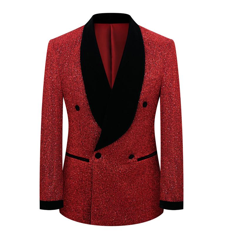 Men's Shiny Performance Costumes: Large Size Suit Jackets, Wedding Attire, Host Suits, and Performing Arts Outfits.