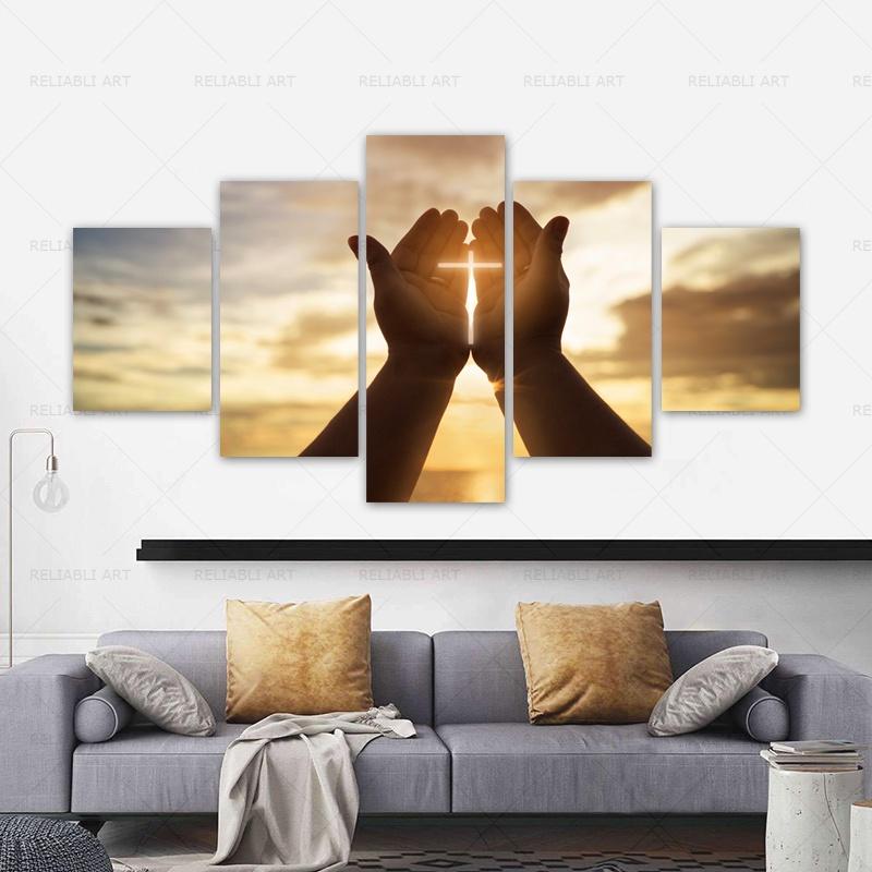 5 Pieces Wall Crosses Decor Jesus Hands Prayer Paintings Wall Art for Living Room Christian Pictures Canvas Modern Home Decor