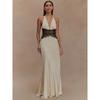 Summer Backless Sexy Maxi Dress Women Gown Patchwork Lace Halter Deep V Neck Sleeveless High Waist Elegant Long Dress