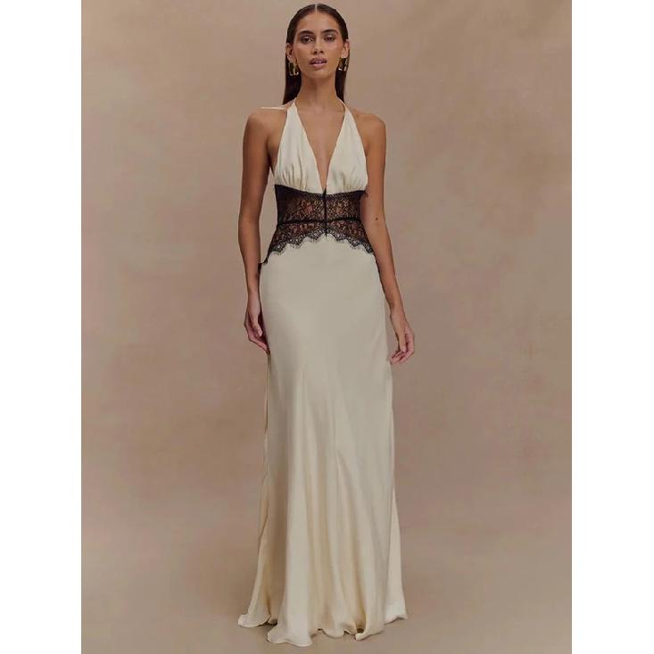 Summer Backless Sexy Maxi Dress Women Gown Patchwork Lace Halter Deep V Neck Sleeveless High Waist Elegant Long Dress