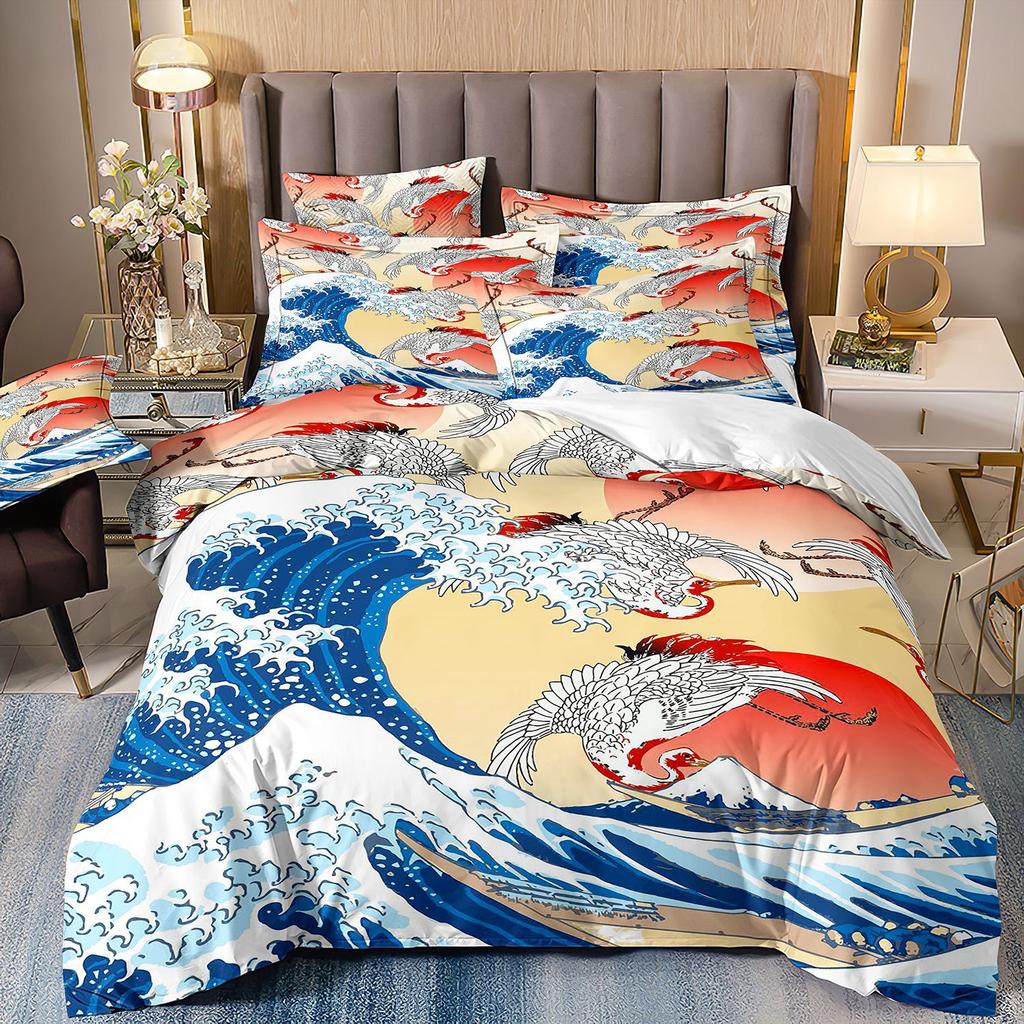 3D Three-Piece Ukiyo-E Painting Wave Flower Quilt Cover Digital Printing Bedding