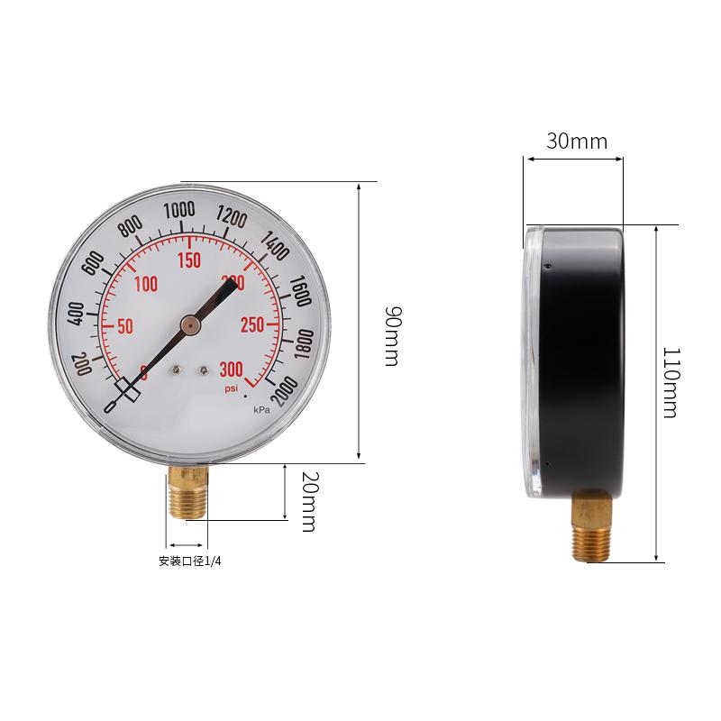 TS-Y91 Large 90mm Dial Oil Gas Pressure Gauge 0-300 PSI/0-2000 KPA Range Dual Scale Water Pressure Gauge