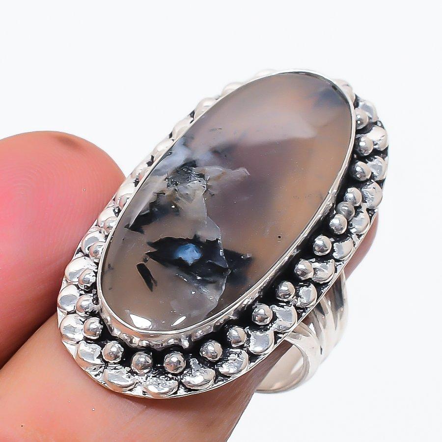 Natural Russian Dendritic 925 Sterling Silver Jewelry Ring Size 8.5 g4J37