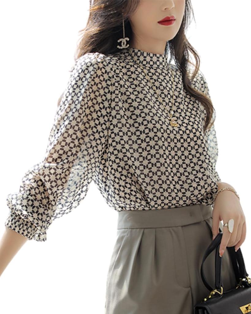 PORCO CASA Long Sleeve Chiffon Sheer Elegant and Business Retro Style with Stand Collar and Geometric Stylish and Stylish for and White and Black