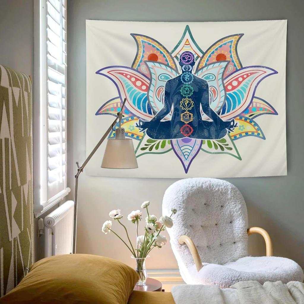 Chakra Yoga Meditation Wall Tapestry Spiritual Art Boho Decor Mindfulness Practice Room Hanging Colorful Mandala Design