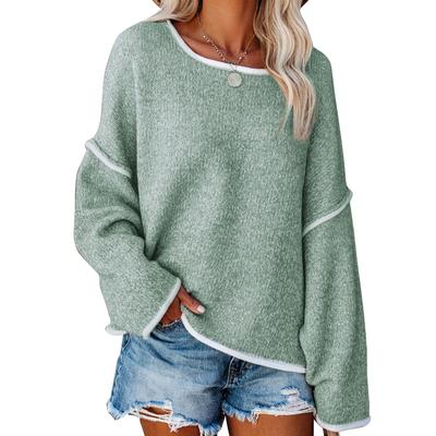 Женский круглый вырез, вязаный свитер с длинными рукавами, свободный пуловер с заниженной линией плеч и белой кромкой