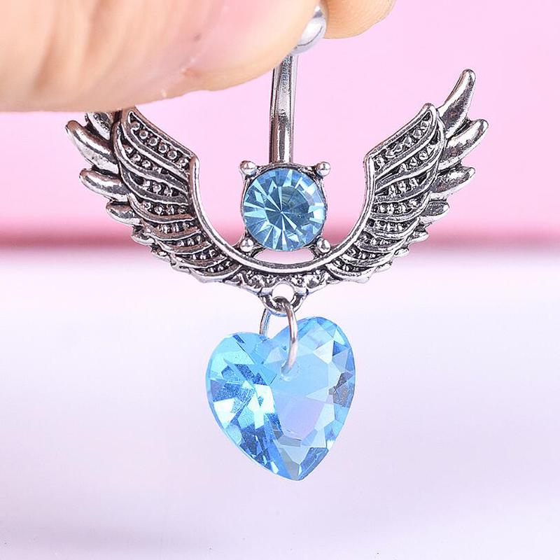 16G Double Gem Heart Wing Navel Belly Button Ring Body Piercing Jewelry