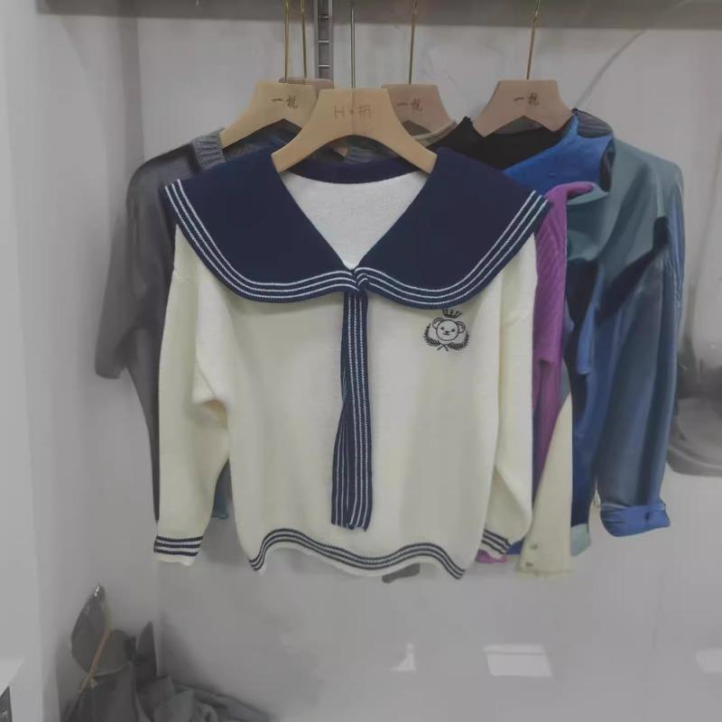 Осень и зима Матросский воротник Колледж Ветер Отдел Матросский воротник Маленький свежий дизайн Свободный Вязаный свитер с вышивкой медведя Волосы