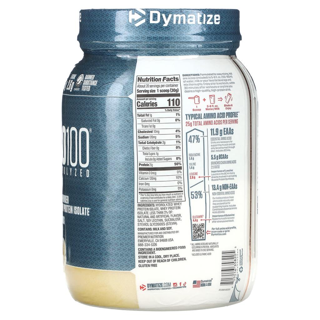 Dymatize ISO100, Hydrolyzed, 100% Whey Protein Isolate, Gourmet Vanilla, 610g (1.34lb)
