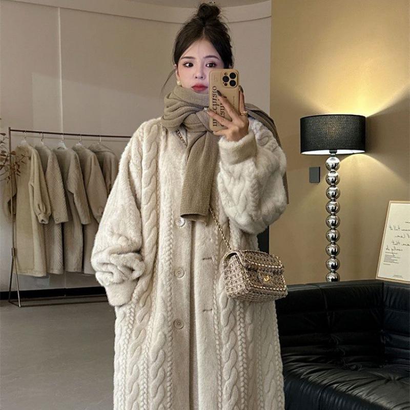 Women Cardigan Thickened Long Autumn Winter V Neck Thin Jacket Female Loose Simple Buttons Casual Fur Coat