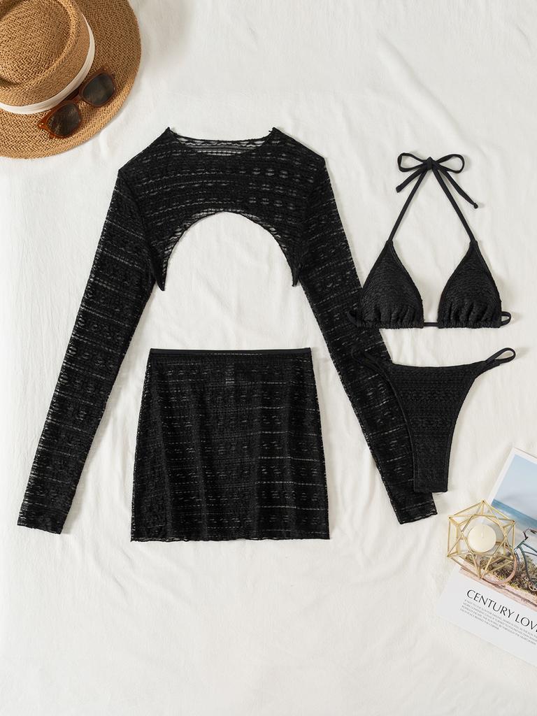 Комплект из четырех предметов: блузка с разрезом и длинным рукавом, сексуальный купальник бикини для женщин