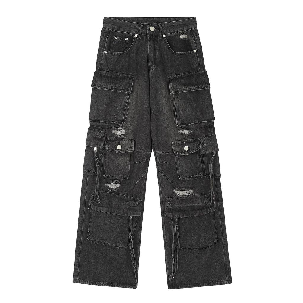 Men's Autumn American RO Wind Heavy Wash Multi-Pocket Jeans Wide Leg Pants