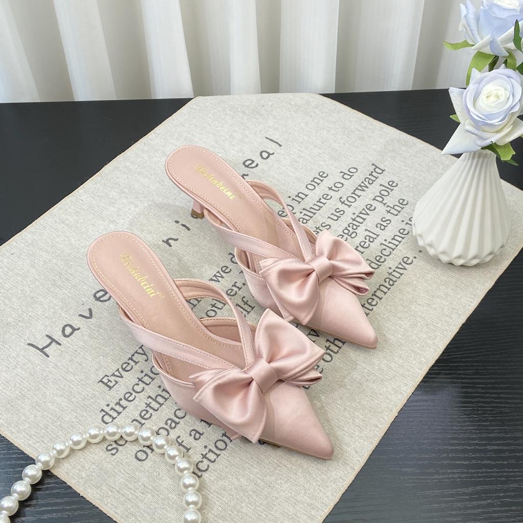 Fairy Wind Pink Sandals Spring and Summer 2024 French Pointed Bow Hollow High Heel Half Bag Head Slippers