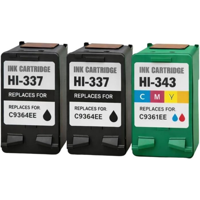 Pack 3 cartouches compatibles HP 337/343 - 2x Noir + 1x Couleur, pour DeskJet/OfficeJet/PhotoSmart/PSC