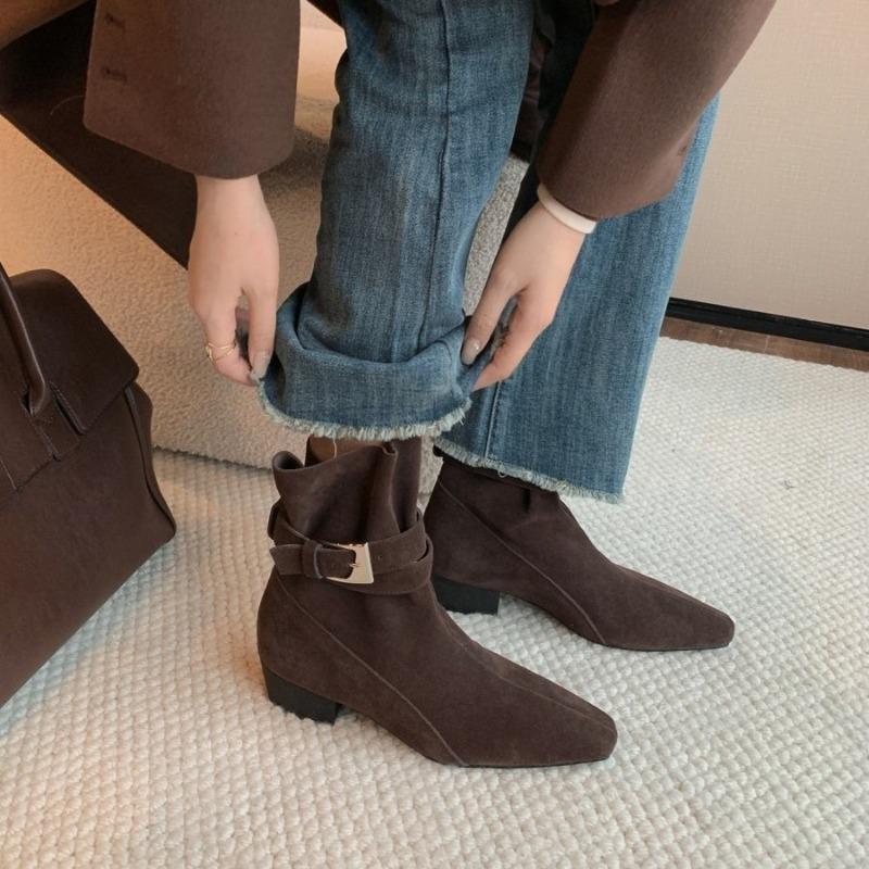 Square-toed Belt-buckle Ankle Boots, Women's Chunk-heeled Boots, Retro Versatile Boots, Women's Shoes