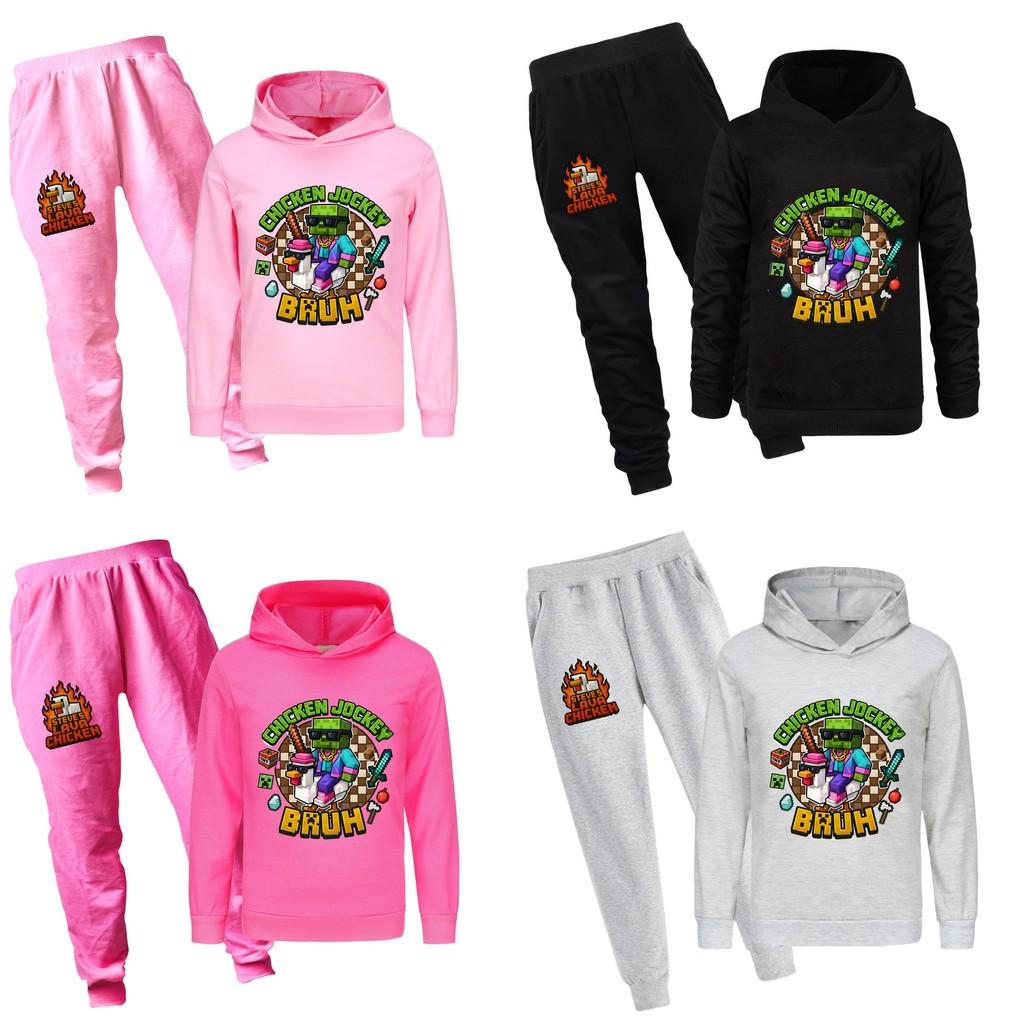 Minecraft Chicken Jockey Childrens Cartoon Hoodie And Pants Set With Cotton Fabric For Casual Winter Wear