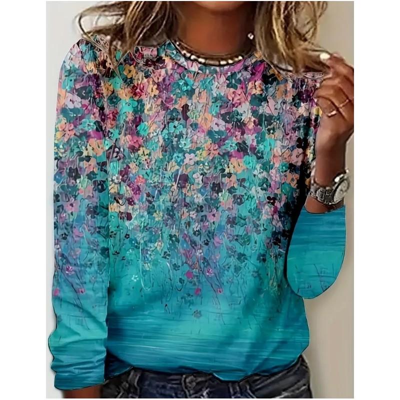 New Women Long Sleeved Round Neck Pullover T-shirt Top with Elegant and Fashionable Floral Print Casual Style T-shirt for Women