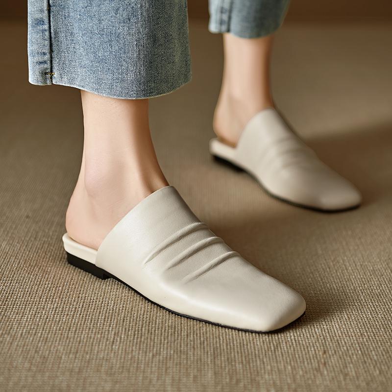 Мода 2025 Новые Сандалии Женские Натуральная Кожа Квадратный Носок Слипоны Балетки Летние Шлепанцы Мягкие Удобные Повседневные Женские Уличные Мюли