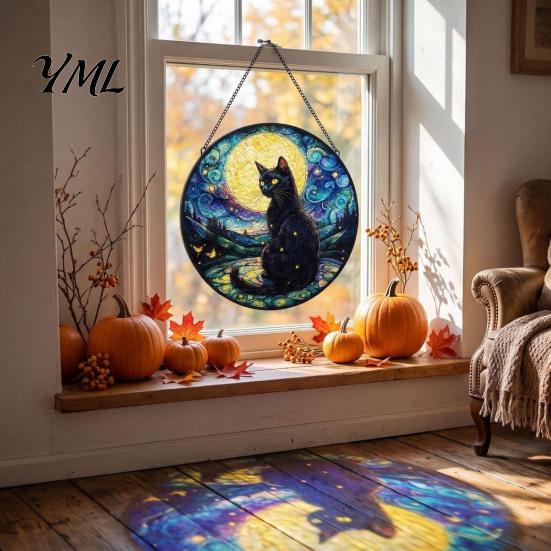 Interactive DIY Craft Set Halloween Moon Black Cat Suncatcher Jigsaw Puzzle, 2D Acrylic Mystical Feline Window Hanging Magical Girl Aesthetic